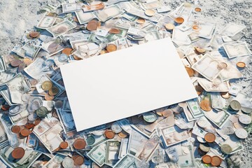Fototapeta premium A white piece of paper is on top of a pile of coins