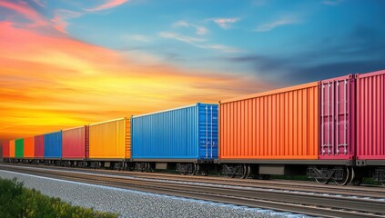 Cargo train at sunset with containers on railway, photorealistic landscape