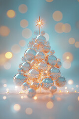 Christmas tree made of glass Balls on a blurred background, Design of a postcard, banner