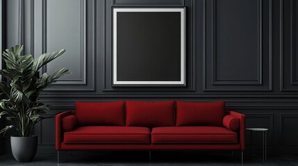 Mock up frame in a minimalist room with charcoal grey walls and a vibrant red sofa, 3D render 