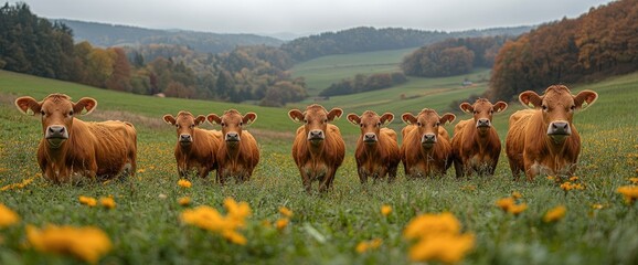 Seven Brown Cows Standing in a Field