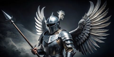 Naklejka premium Knight guard in full plate armor with wings helmet and halberd