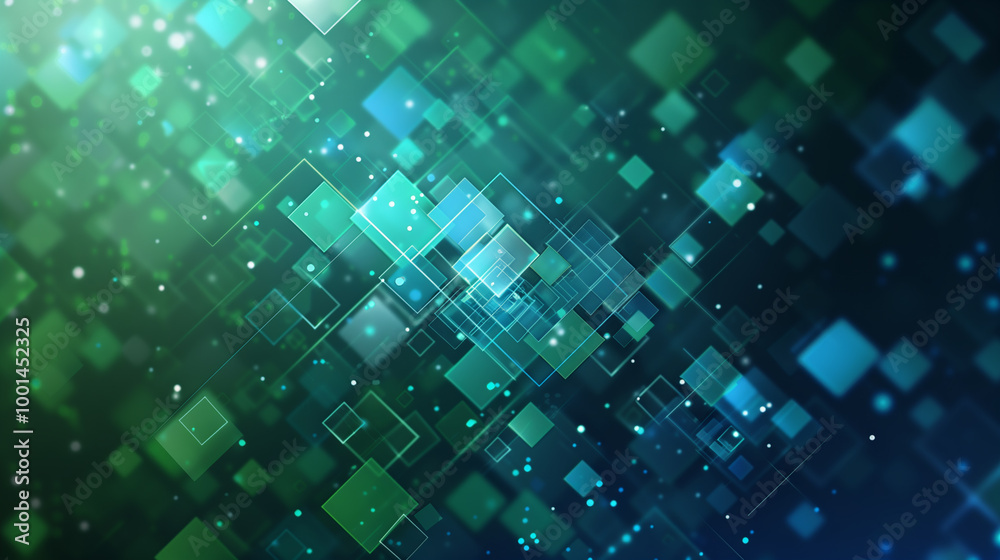 Fototapete abstract tech background featuring overlapping layers of transparent blue and green data grids with 