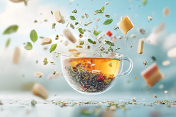 cup of tea in a glass cup with different medicinal herbs flying above the tea, herbal or adaptogenic tea for health boost and stress relief