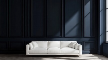 Mock up frame in a minimalist room with deep navy walls and a luxurious white leather sofa