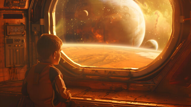 A boy sitting in a space house, looking at the stars and planets from his home window.