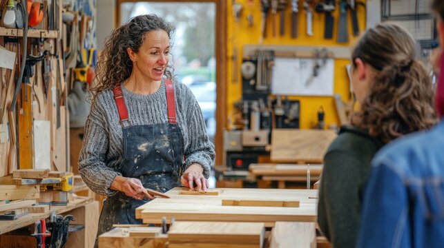 A woman teaching a woodworking class, demonstrating techniques to students in a workshop setting.