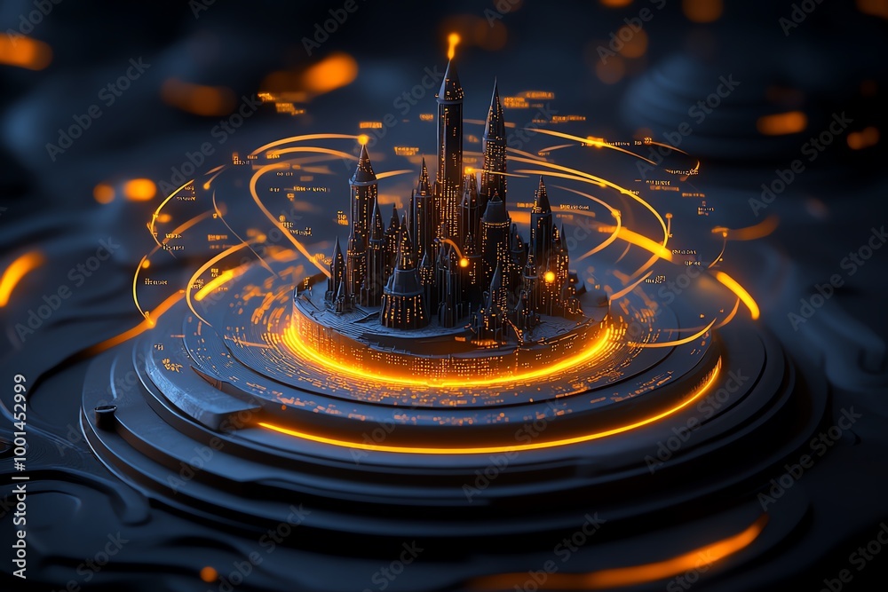Poster digital fortress under magical protection, with glowing lines of code swirling in the air, forming p