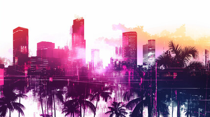 Illustration of a cyberpunk cityscape in the glitchy digital art style. A digital painting in the synthwave and glitchcore styles featuring vector graphics, glitch effects, cybernetic neon lights