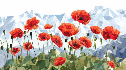 Obraz premium Illustration of red poppies in the foreground, low poly design with geometric shapes and mountains in the background
