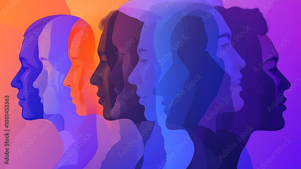 Poster A row of overlapping silhouettes of people in profile, each in a different bright color, depicting diversity and unity.