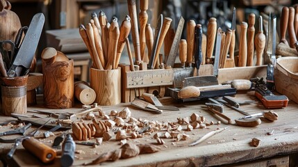 A detailed view of a woodworking tool kit, including measuring instruments and carving tools.