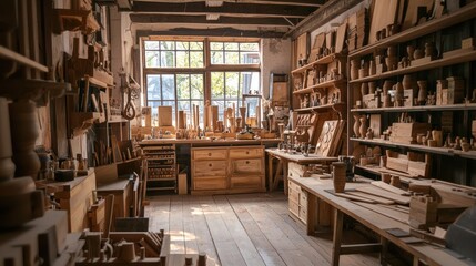 A cozy, well-lit woodwork shop with finished wooden items, emphasizing the creative environment.
