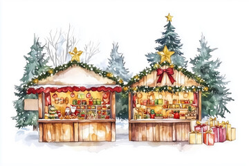 Watercolor depiction of Christmas market stalls with festive decorations and seasonal treats