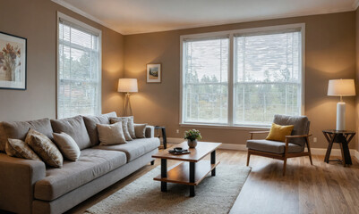 Fototapeta premium A living room with a large couch, a chair, and a coffee table in the center