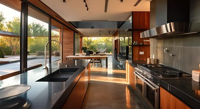 Modern Kitchen with Large Windows, Stainless Steel Appliances, and Black Granite Countertops
