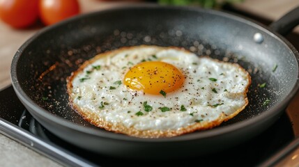 Fried Egg with Parsley and Pepper in Pan