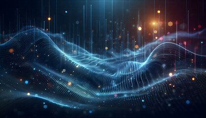 A digital wave of blue light and particles on a dark background, symbolizing data flow and connectivity.
