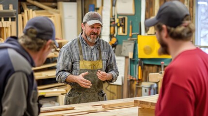 An instructor demonstrating woodworking techniques to a class of learners.
