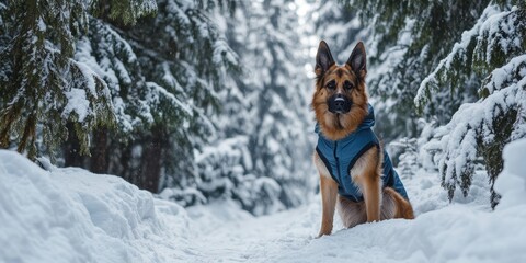 German Shepherd in Blue Parka in Winter Landscape