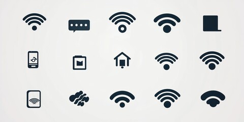 A set of minimalist wireless technology icons, such as WiFi, Bluetooth, and network symbols, on a clean background.