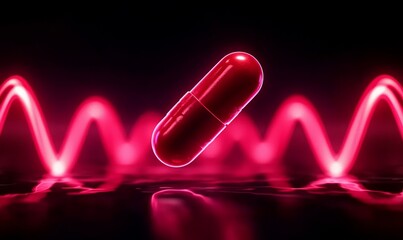A glowing alien pill floats and bounces on a transparent surface, surrounded by vibrant neon light waves.