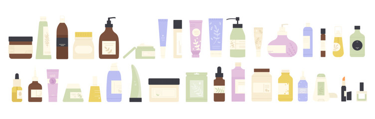 Vector illustration of cosmetic, makeup, and skincare product bottles, containers, and tubes. Includes lotion, cream, gel, and shampoo. Represents personal care, beauty, and hygiene products.