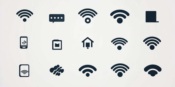 A set of minimalist wireless technology icons, such as WiFi, Bluetooth, and network symbols, on a clean background.