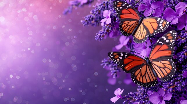Vibrant butterflies resting on purple flowers, creating a serene and enchanting nature scene.