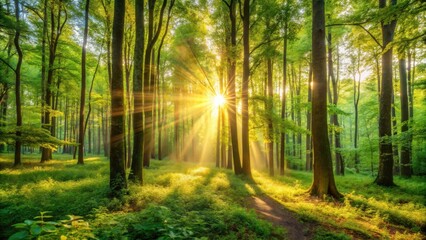Obraz premium Sunlit Summer Forest Panorama With Bright Sun Among Green Trees Nature Beauty Wilderness Landscape Outdoor Environment Scene