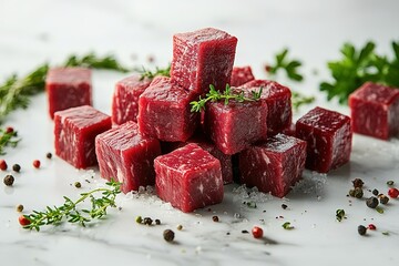 A pile of meat cubes with herbs and spices on top