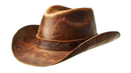 A classic brown leather cowboy hat with a decorative band.