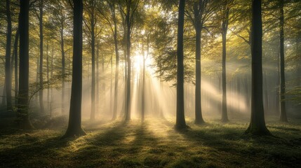 Fototapeta premium Misty Forest at Sunrise with Soft Light Filtering