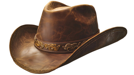 A classic brown leather cowboy hat with a decorative band.