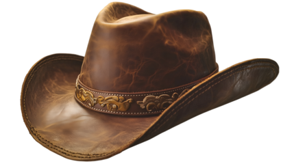 A classic brown leather cowboy hat with a decorative band.