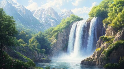 Fototapeta premium Majestic landscape painting of a waterfall cascading down a rocky cliff, surrounded by lush greenery. Ideal for dramatic and refreshing wall decor.