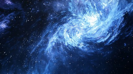 A swirling blue nebula with bright white stars.