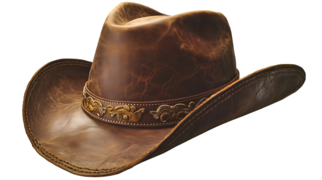A classic brown leather cowboy hat with a decorative band.