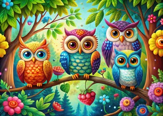 Colorful Cartoon Owls Sitting on Branches in a Bright Forest with Whimsical Elements and Details