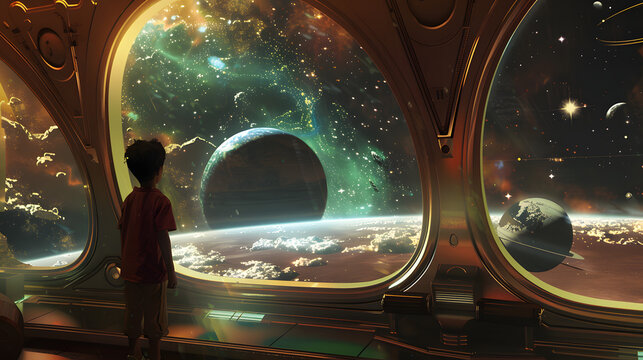 A boy sitting in a space house, looking at the stars and planets from his home window.
