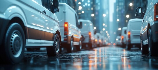 Fototapeta premium 3D rendering of delivery trucks on city street with cinematic bokeh effect