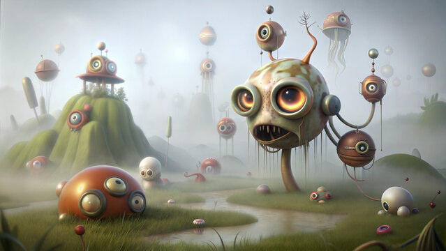 Surreal Dadaist landscape with floating eyeball creatures and bizarre shapes