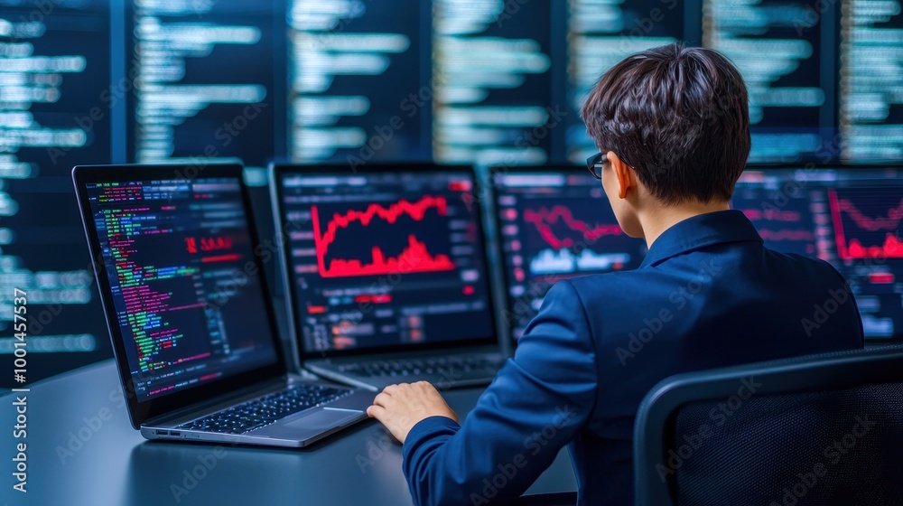 Poster a professional analyzing financial data on multiple screens with graphs and charts, showcasing moder