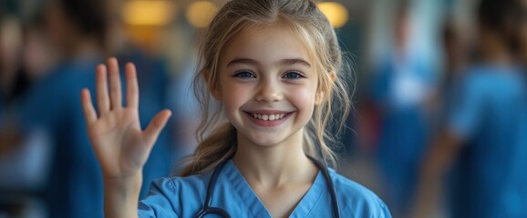 Fototapeta premium Young Girl Dressed as a Doctor with Stethoscope and Smiling at the Camera