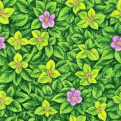 Seamless pattern of green leaves and purple flowers. It is a painting on canvas. It is suitable for use as a background or wallpaper.