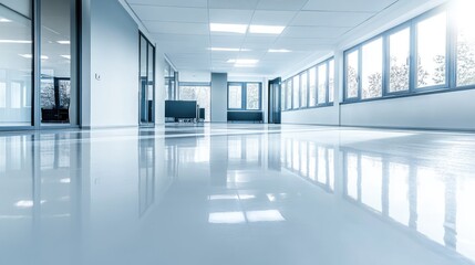 Modern office area with a new epoxy resin floor, glossy and seamless, reflecting the bright natural light from the windows. Freshly renovated.