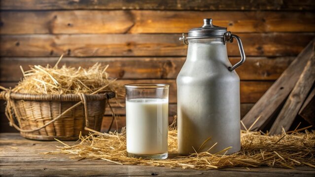 Fresh milk bottle and can on rustic table in a cowshed with hay background
