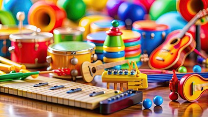 Colorful children's musical instruments arranged on a bright background for playful learning experiences