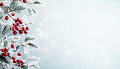 
holly berries and leaves with frost, festive winter blurred background