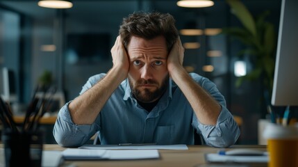 Obraz premium Stressful office work situation with worried businessman holding head in hands while sitting at desk in modern workplace.
